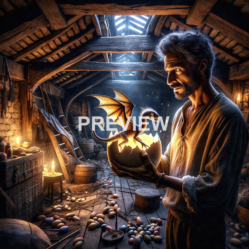 An elderly man with a serious expression holding a glowing dragon hatchling inside a rustic wooden attic filled with scattered eggs, with light streaming through the gaps in the roof.